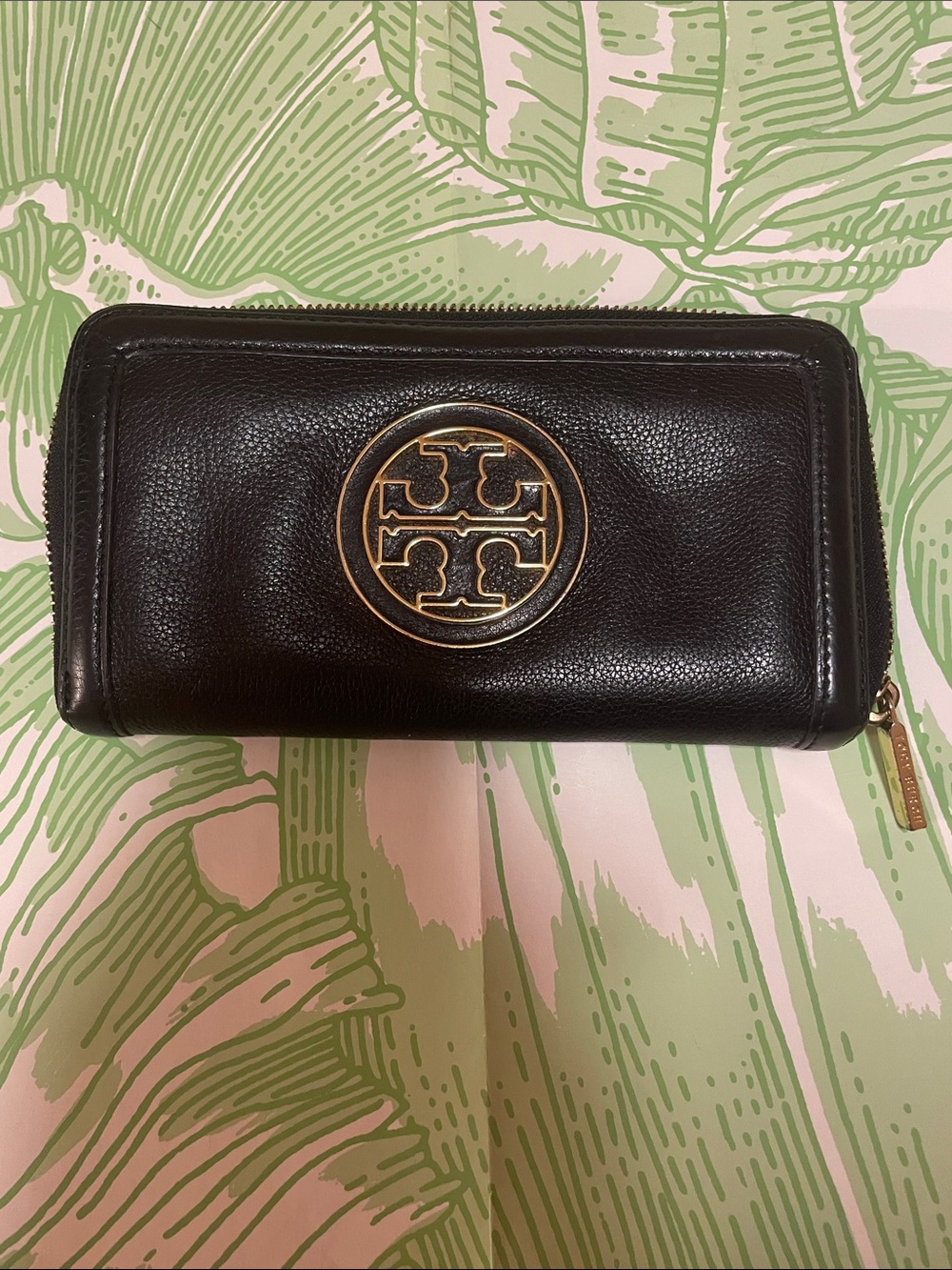 Tory Burch Black Leather Zip-Around Wallet with Gold Emblem